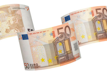 Fifty euro bill collage isolated on white. Horizontal format
