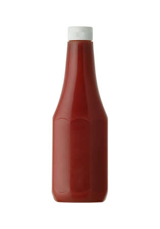 Classic bottle of tomato ketchup isolated on white. Vertical formatの写真素材
