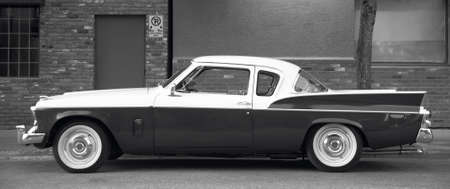 Classic automobile in a parking area. Black and white. Horizontalのeditorial素材