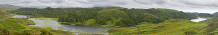 Scottish panoramic landscape with river and forest. Highlands. Scotland. UK