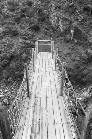 Landscape with wooden viewpoint in black and white. Verticalの写真素材