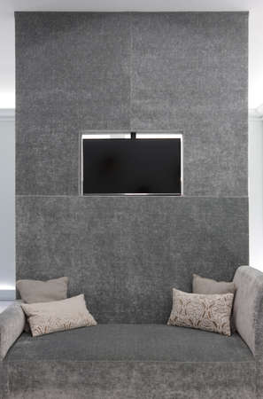 Living room with couch and tv set in grey tone. Verticalの写真素材