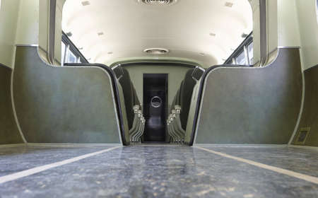 Retro wagon train interior in green tone. Horizontal