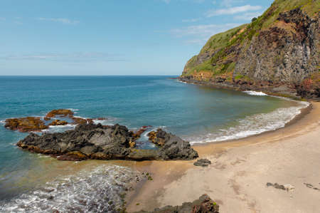 Sand and rocky beach in Agua de Pau, Azores. Portugal. Horizontalの写真素材
