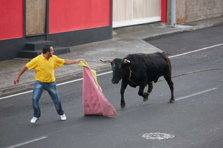 Traditional azores bullfighting feast in Terceira. Portugal. Touradas a corda. Horizontalのeditorial素材