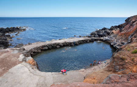 Azores coastline landscape with natural pool in Topo. Sao Jorge. Horizontalの写真素材