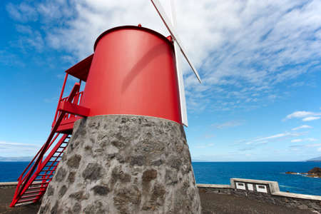 Traditional red and white windmill in Pico island, Azores. Portugal. Horizontalの写真素材