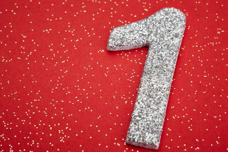 Number one silver color over a red background. Anniversary. Horizontal
