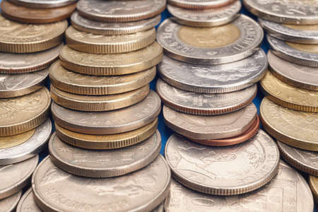 Different kinds of coins. Macro detail. Horizontal formatの写真素材