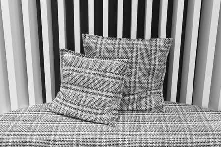 Sofa with cushions and wall in black and white. Horizontal
