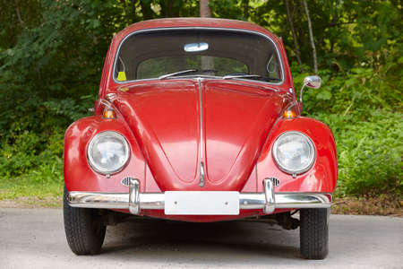 Red european classic car over a green forest background. Beetle