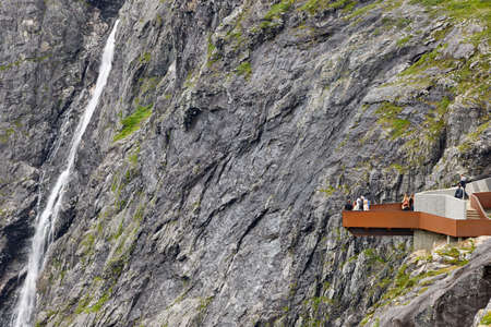 Norwegian mountain tourist landscape. Stigfossen waterfall and viewpoint. Trollstigen. Norway. Horizontalのeditorial素材