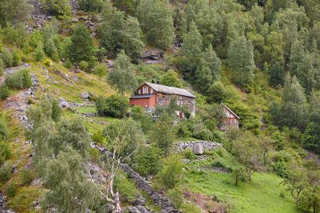 Traditional norwegian wooden house on a green forest hill landscape. Horizontalのeditorial素材