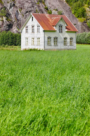 Norwegian antique traditional wooden house with grass and mountain. Verticalのeditorial素材