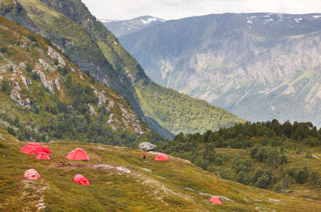 Traditional norwegian mountain landscape with camp ground. Travel Norway