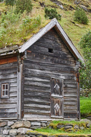 Traditional norwegian wooden cabins houses facades. Otternes, Norwayの写真素材