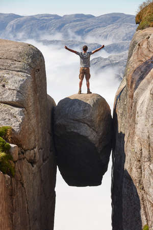 Norwegian fjord landscape. Lysefjorden area. Kjeragbolten landmark. Norway adventure tourismの写真素材