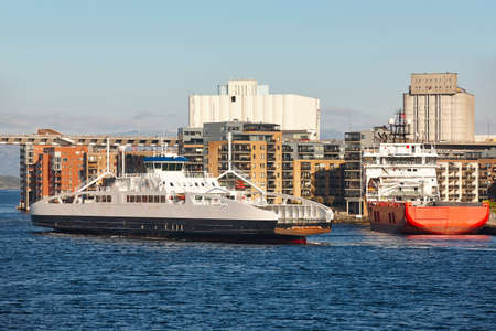 Norwegian ferries in Stavanger city harbor. Norway. Transportation background