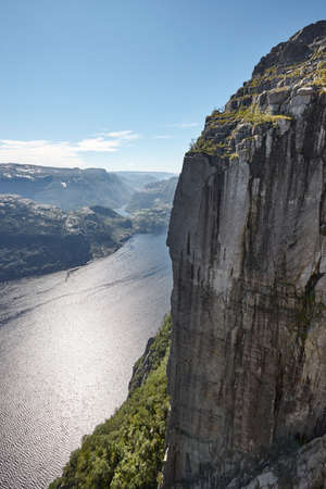 Norwegian fjord landscape. Preikestolen area. Norway landmark landscape. Outdoorの写真素材