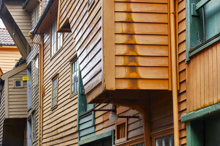 Traditional historic norwegian buildings facades in Bergen. Norway tourism. Horizontalのeditorial素材