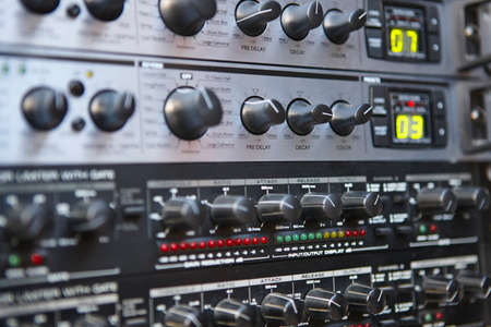 Sound control equipment. Board detail. Decay buttons. Broadcast technology