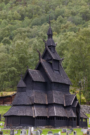 Traditional norwegian stave church. Borgund. Travel Norway. Tourism backgroundの写真素材