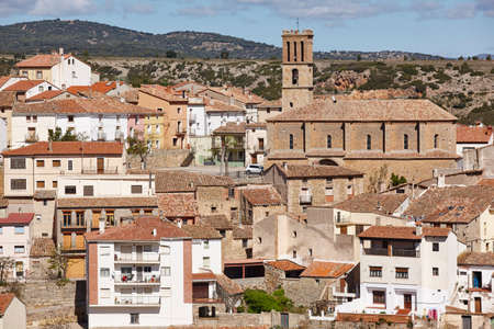 Picturesque village in Spain with gothic church. Albentosa, Teruel. Tourismの写真素材