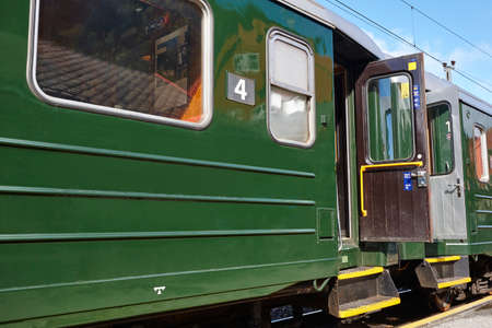 Flam train wagon in Norway. Norwegian tourism highlight. Railway stationの写真素材