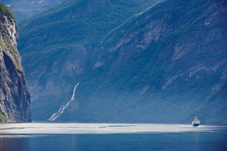 Norwegian fjord landscape. Hellesylt, Geiranger cruise travel. Tourismのeditorial素材