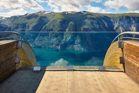 Norwegian fjord landscape. Stegastein viewpoint. Aurland. Visit Norway. Horizontalの写真素材