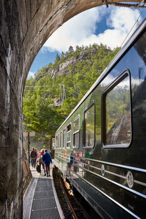 Flam wagon train in Norway inside tunnel . Norwegian tourism highlight.のeditorial素材