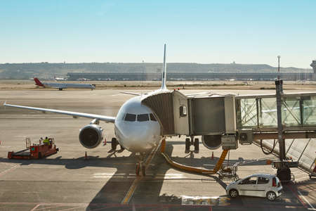 Airport runaway area with aircraft ready to flight. Air transportのeditorial素材
