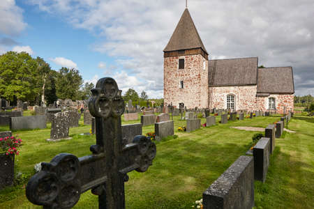 Traditional finnish wooden roof cathedral. Sta. Catharina. Hammarland. Aland, Finlandのeditorial素材