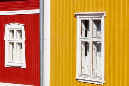 Traditional wooden houses facade in Rauma town. Finland heritage. Horizontalの写真素材