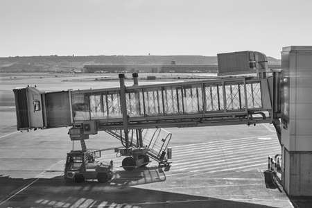 Airport runaway area with finger. Air transport. Black white