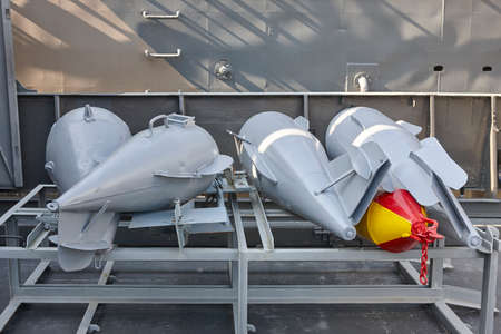 Depths bombs on a destroyer vessel. Old army equipment. Horizontalの写真素材