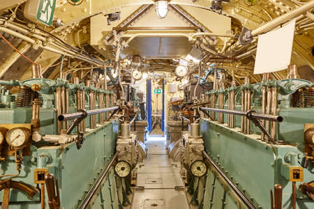 Second war world submarine interior. Engine room. Military vessel. Horizontalのeditorial素材