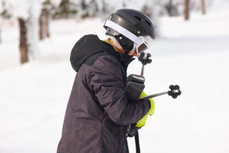 Children with ski equipment on snow. Winter sportの写真素材