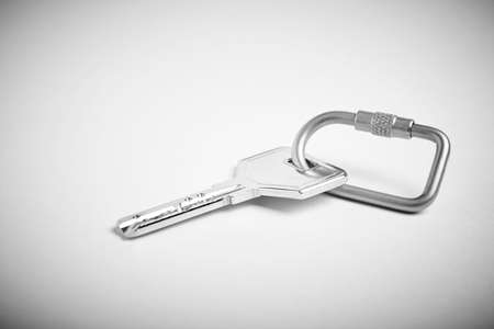 Key ring with one key over white background. Rent, buy