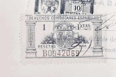 Antique spanish stamps with postmarks. Vintage historic philately. Postal. Hobbyの写真素材