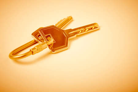Key ring with keys on golden tone. Rent, buy. Homeの写真素材