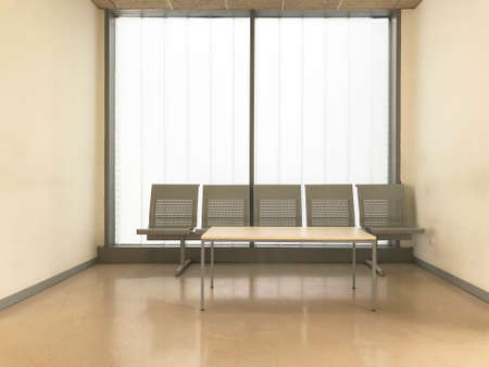 Hospital clinic waiting room. Empty hall. Indoor furniture. Horizontalの写真素材