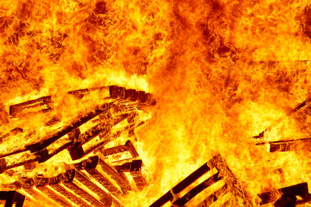 Burning fire. Bonfire. Fire fighting. Flame ignition. Warning. Danger