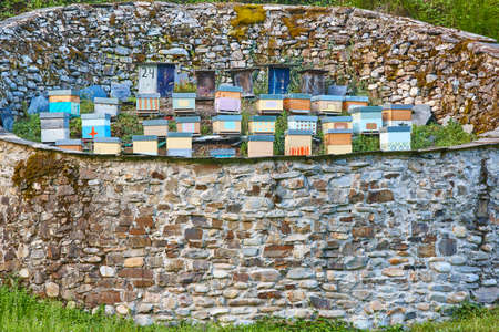 Beehives. Traditional stone wall structure against bears. Muniellos, Asturias inn Spain