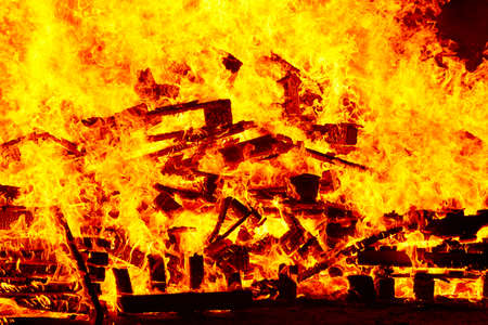 Fire flames on a bonfire. Fireman emergency. Danger combustion, emission