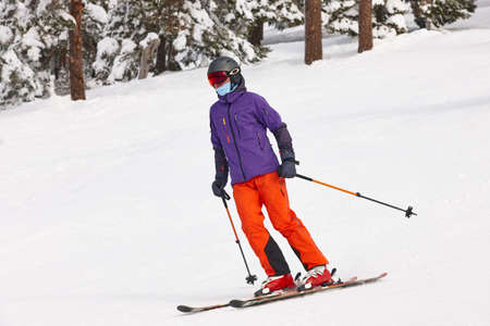 Skiing on a forest slope. White mountain landscape. Winter sportの写真素材