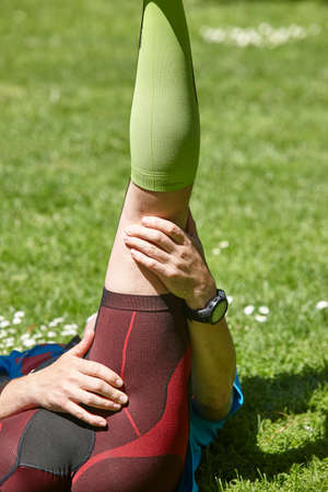 Physical exercise and stretching. Legs postures of movements. Healthy lifestyle