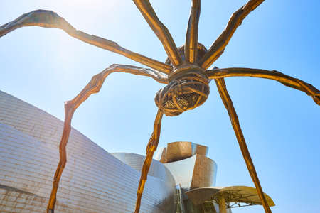 Bilbao Guggenheim area outdoor with museum and spider sculpture. Spain