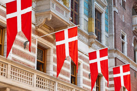 Copenhagen city hall building interior with denmark flags. Danishの写真素材