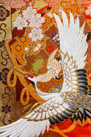 Traditional japanese kimono textile pattern style with crane element. Ornamentalの写真素材
